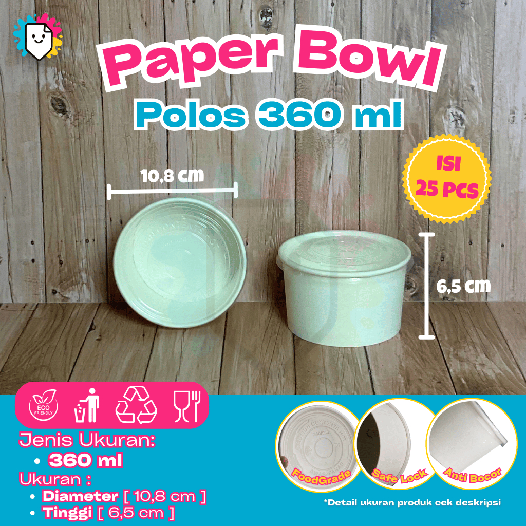 [Isi 25pcs] Paper bowl + Tutup 360ml / Paper Bowl 12oz / Paper Cup / Polos Putih / Paper Lunch / Pap