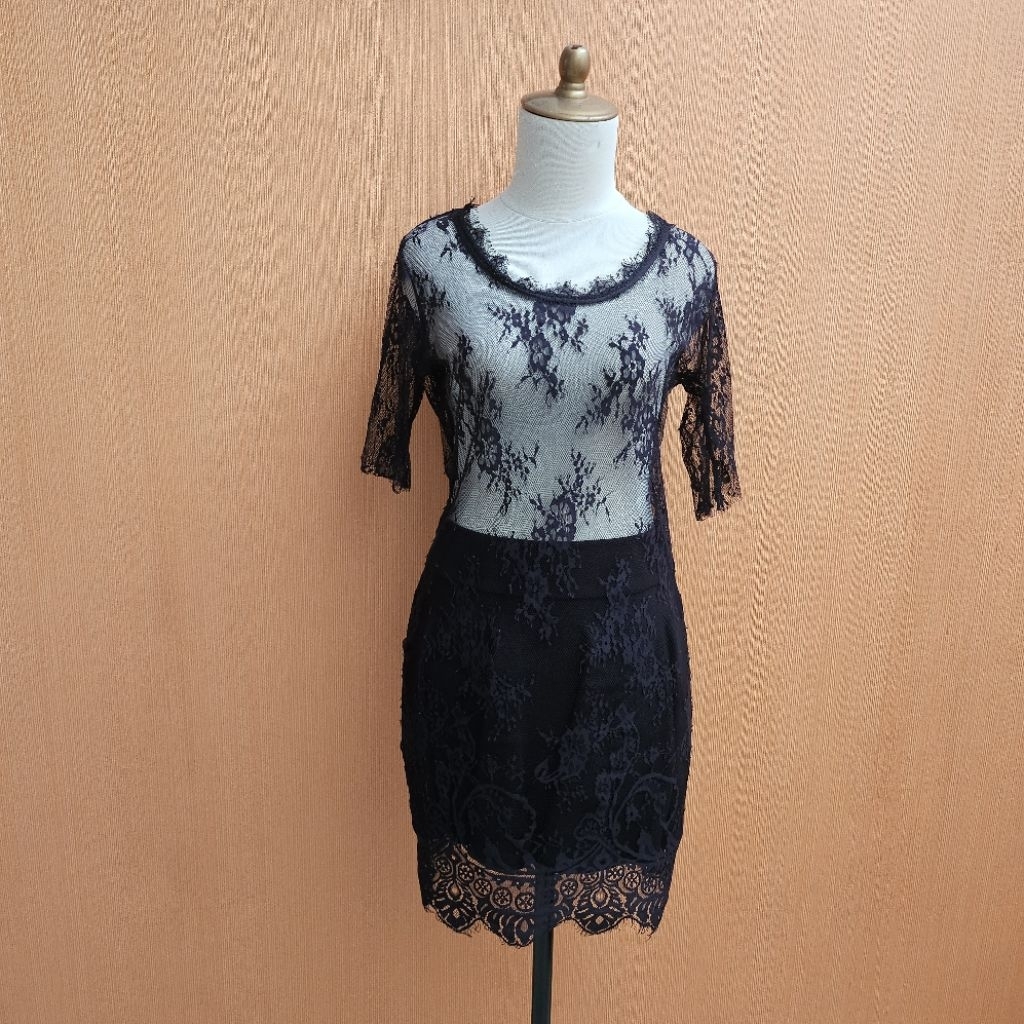 mini midi dress wanita hitam tile motif bunga M cewek L lengan pendek MEWAH sexy