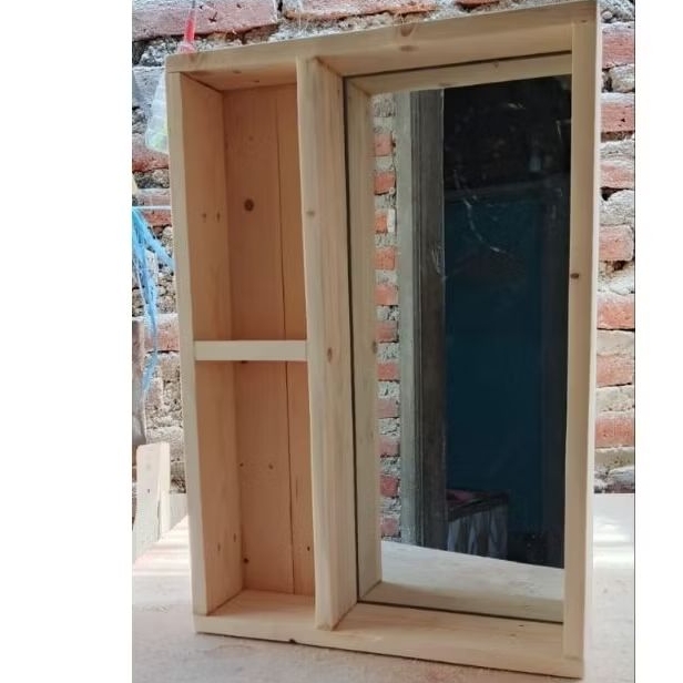 Rak Cermin Dinding Kayu Jati Belanda Aesthetic - Kaca Rias Gantung & Rak Tempat Kosmetik Skincare Mi