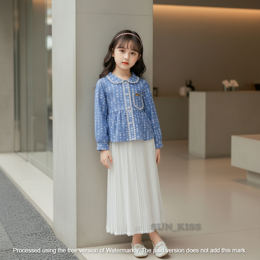 Setelan Anak Perempuan Modis & Anggun Atasan lengan panjang motif bunga biru denim dengan detail ren