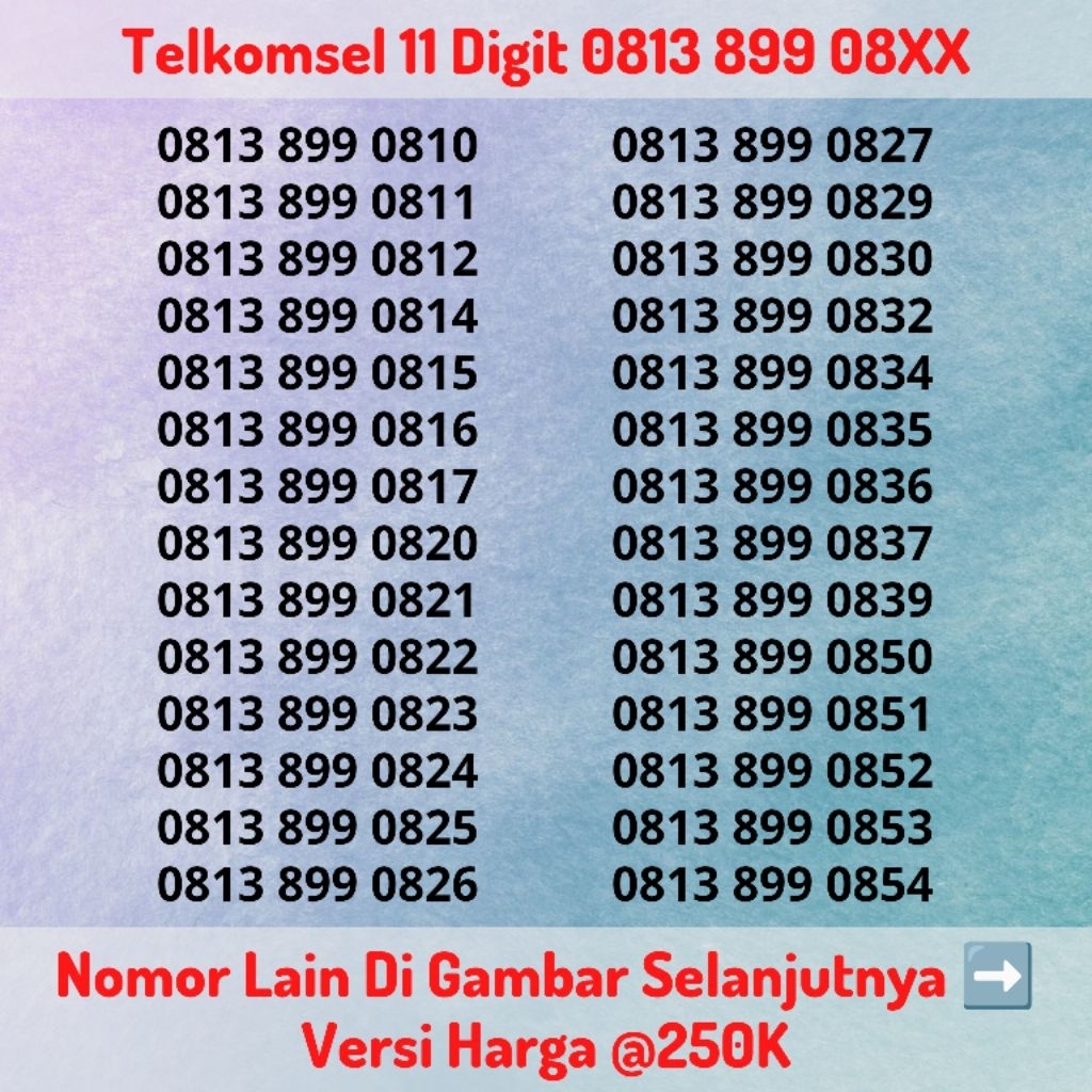 Nomor Cantik Telkomsel 11 Digit Seri Cermin 899 08XX Versi Harga @250K - Kartu Perdana 11 Angka