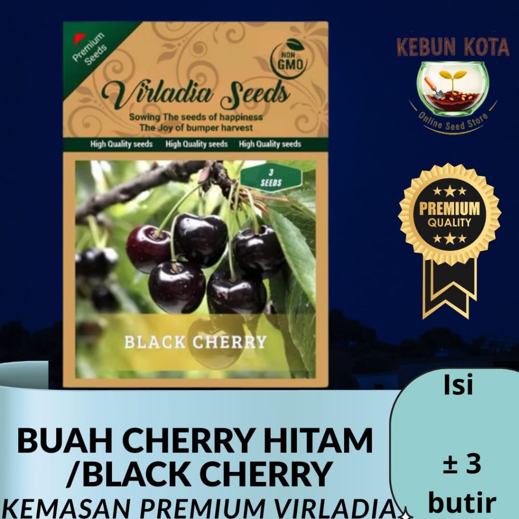KEMASAN PREMIUM VIRLADIA [KEBUN KOTA]-BIJI  BENIH Tumbuhan "TANAMAN BUAH CHERRY HITAM" ISI 3 butir