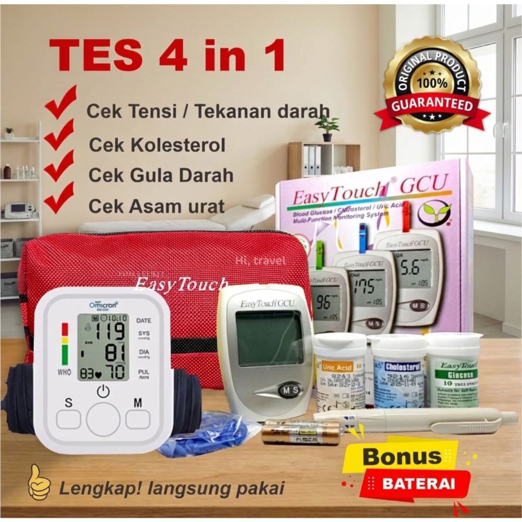 Paket 4in1: Alat Tes Gula Darah + Kolesterol + Asam Urat + Tensi Darah Lengkap