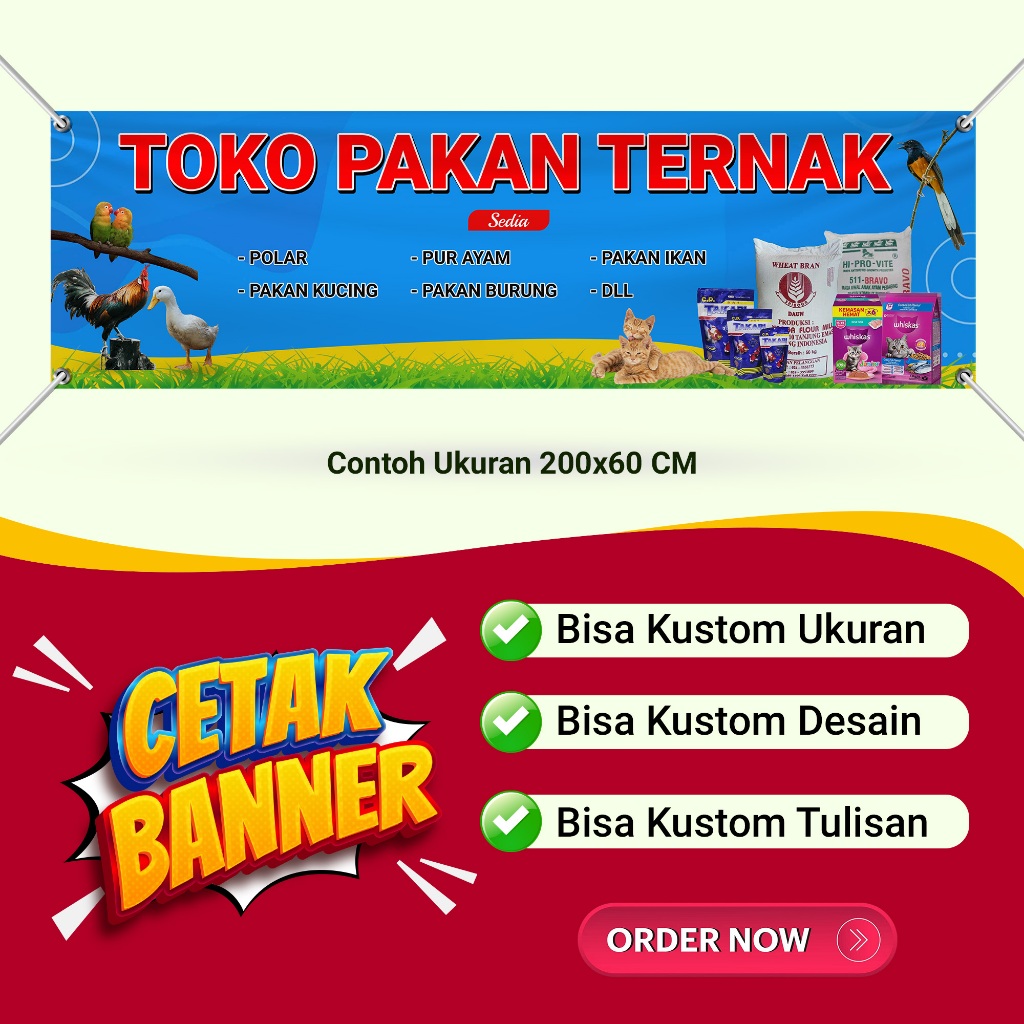 Spanduk Banner Toko Pakan Ternak - Jual Aneka Pakan Ukuran 200x60 CM - Bisa Kustom Ukuran dan Desain