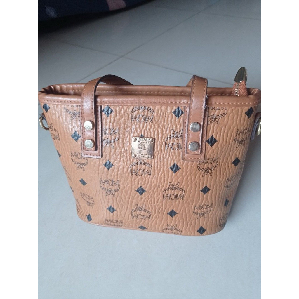 tas Preloved MCM X-Mini Toni Top-Zip Shopper in Visetos coated canvas with nappa leather trim and go