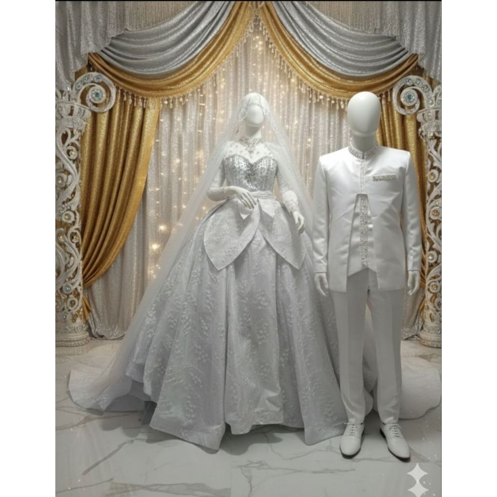 Gaun Pengantin Mewah Elegan, Beskap Putih Akad Nikah Pengantin Premium,  Gaun pengantin muslimah, Ga