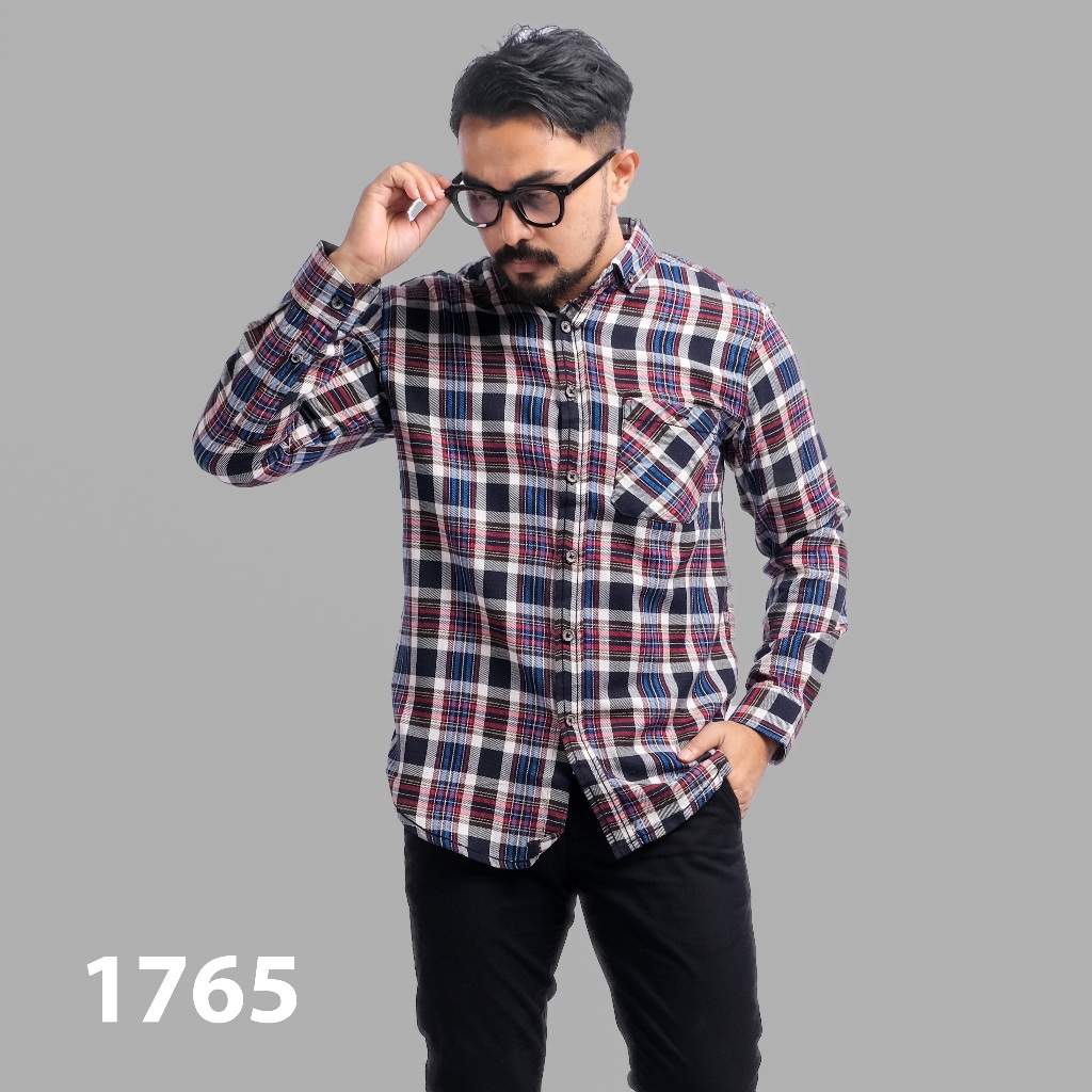 PAKAJI Kemeja Flanel Pria Lengan Panjang Hitam Garis Biru Putih Kemeja Pria Flanel Pria Kemeja Panja