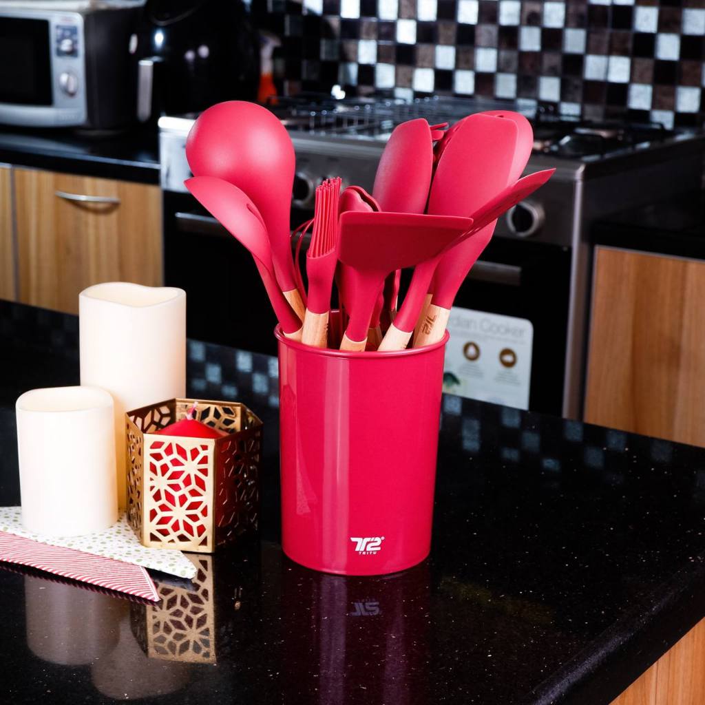 TRITU Utensil Set Sutil 12 Pcs Silikon Peralatan Memasak Spatula Silicone Red