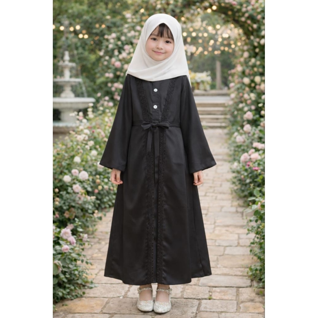 Gamis Anak Perempuan Hitam Polos Brokat | Dress Muslim Anak 7 Tahun
