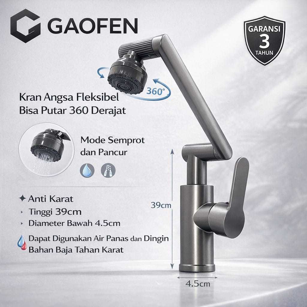 GAOFEN Keran Wastafel 1080° Putar | Keran Dapur Fleksibel | 2 Mode Air | Gunmetal