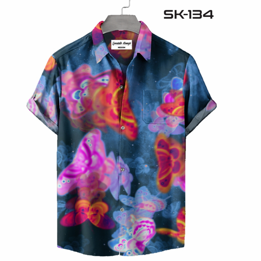 Kemeja Casual Santai Pria Wanita Pink Butterfly Paradise Tangan Panjang Pendek SK-134