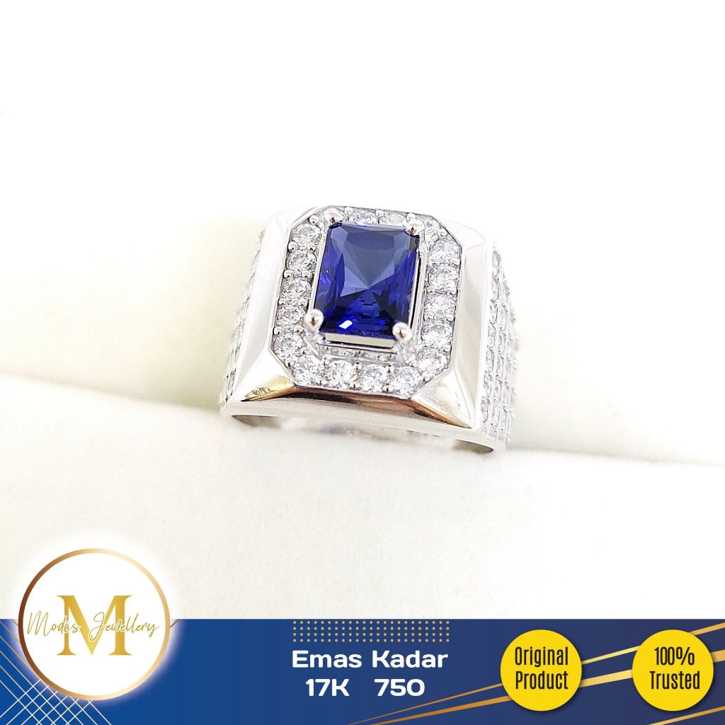 MODIS JEWELLERY - Cincin Pria Royal Blue Putih - Emas 17k 750