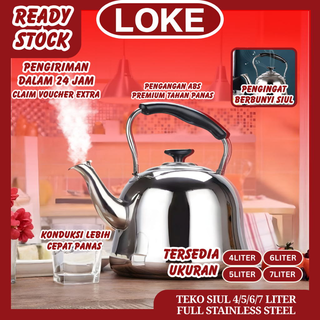 LOKE Teko Ceret Tebal Stainless Bunyi Siul Anti Karat Ceret Bunyi Untuk Masak Air Stainless Steel