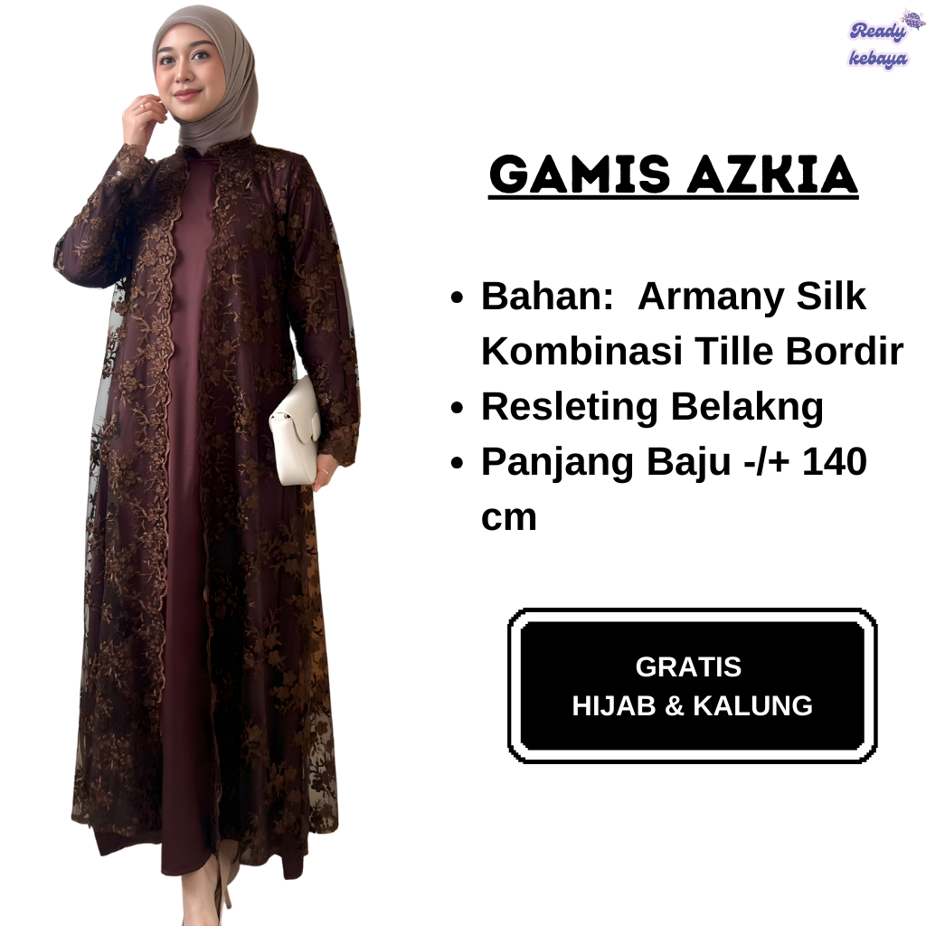 Readykebaya || Gamis Azkia Bahan Armany Silk Kombinasi Tille Bordir Gratis Hijab Dan Kalung || Gamis