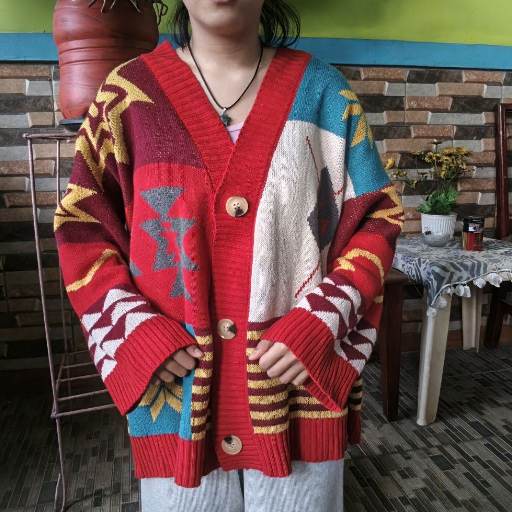 Cardigan Wanita Preloved Oversize Rajut Motif Unik Vintage Murah Preloved Cardigan Rajut Wanita Over