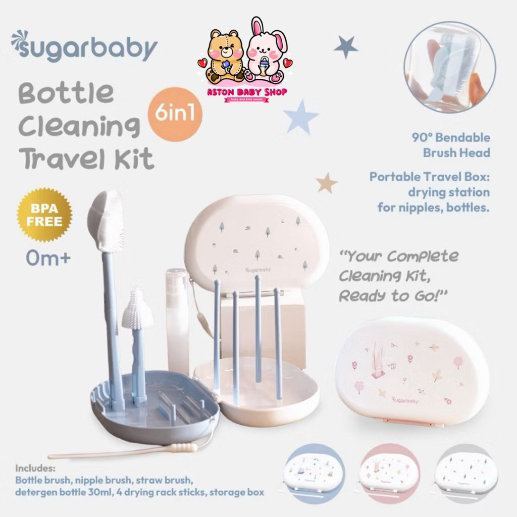 Sugarbaby Bottle Cleaning Travel Kit 6in1 With Case - Sugarbaby Travel Bottle Brush Set - Sugar Baby