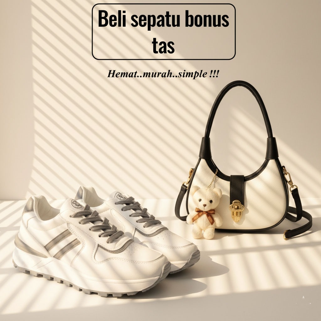 paket hemat 2set sepatu wanita adista dan tas slempang wanita bonpita plus boneka
