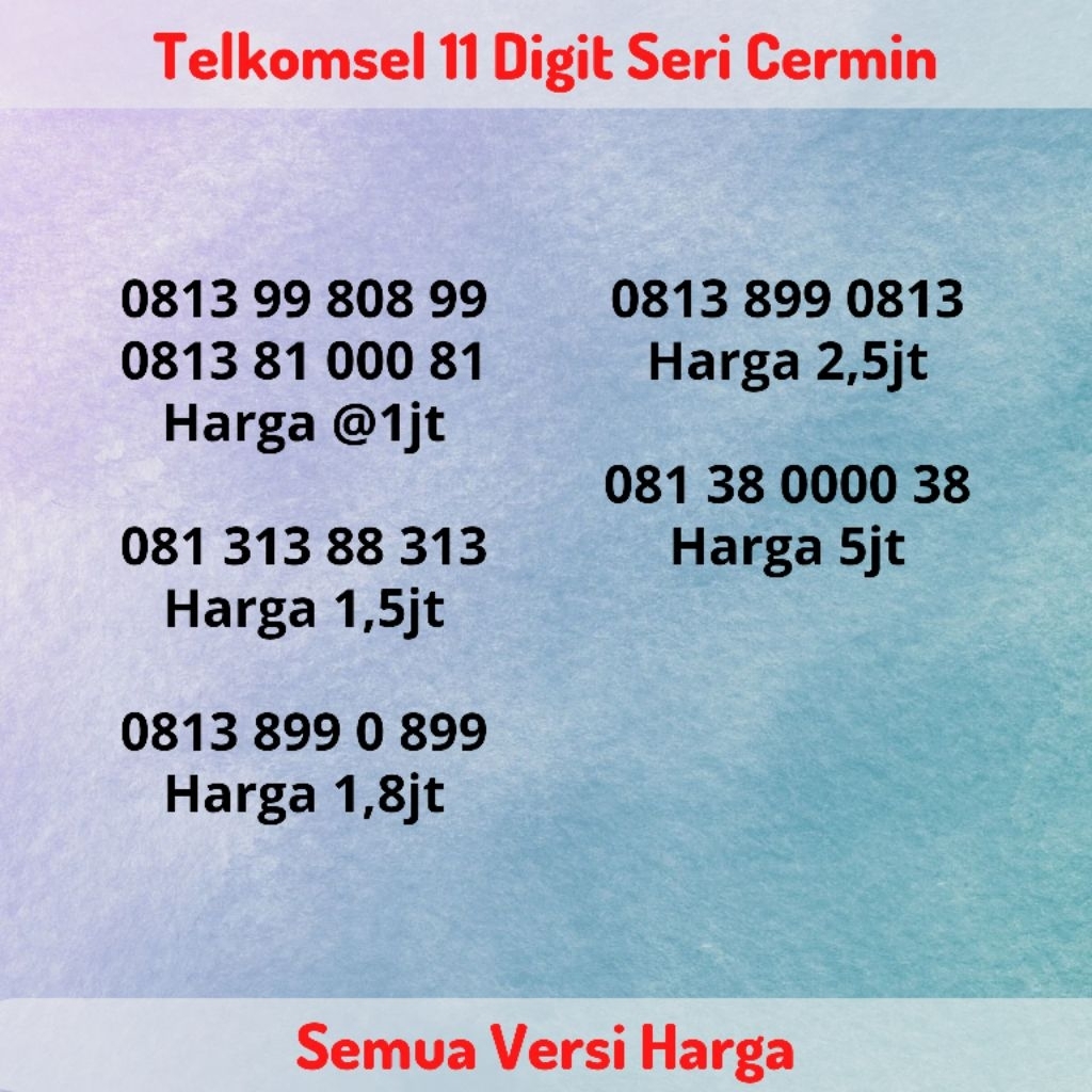 Nomor Cantik Telkomsel 11 Digit Semua Seri Cermin - Kartu Perdana 11 Angka Rapi