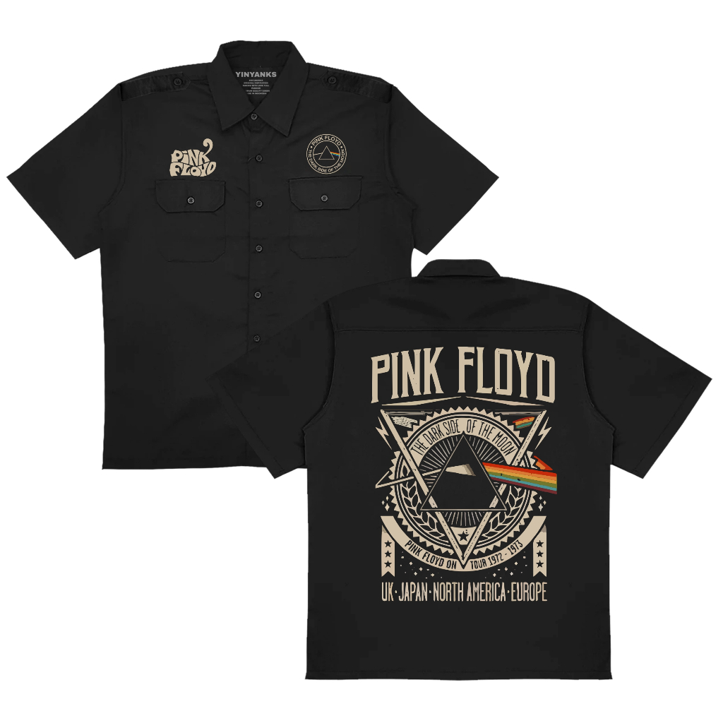Takeshi Workshirt Pink Floyd Japan kemeja kerja PDH unisex pria wanita Warna Hitam