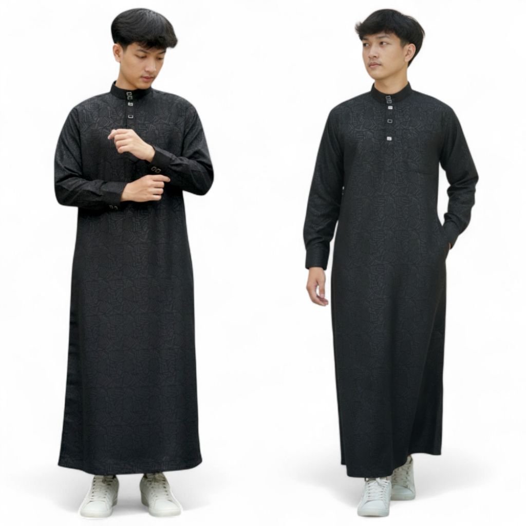 Gamis Pria Hitam Motif Emboss | Jubah Muslim Lengan Panjang Manset | Baju Muslim Pria Elegan