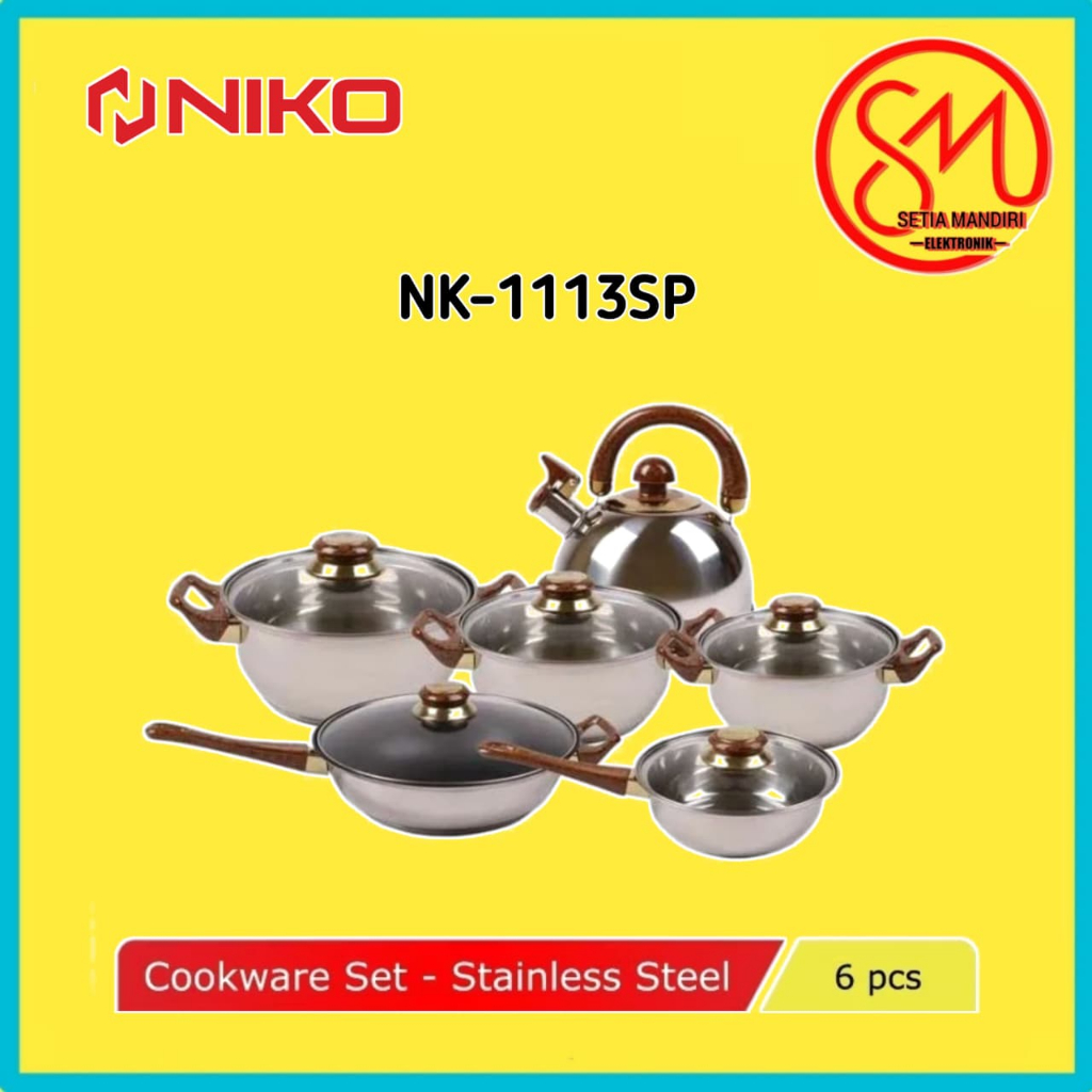 NIKO Cookware Set Stainless isi 6 NK-1113SP Panci Set Peralatan Masak