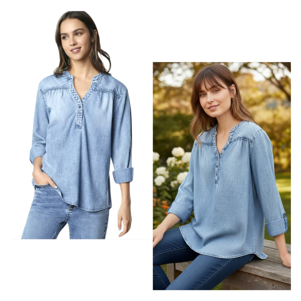 Blouse J.Jill Denim Chambray Popover Half Button Front Top
