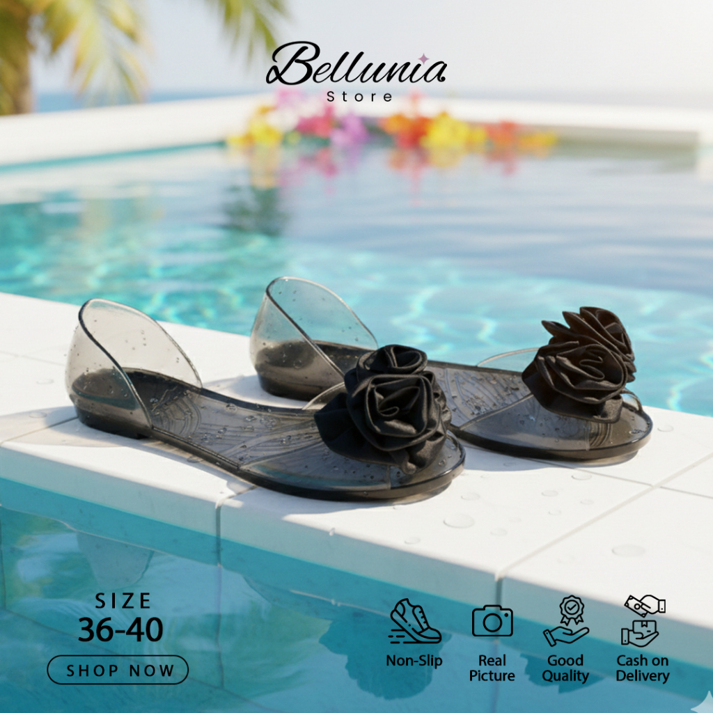 Sepatu Flat Jelly Kaca Flower Bunga Mawar Best Seller Sandal Karet Cantik 186-A