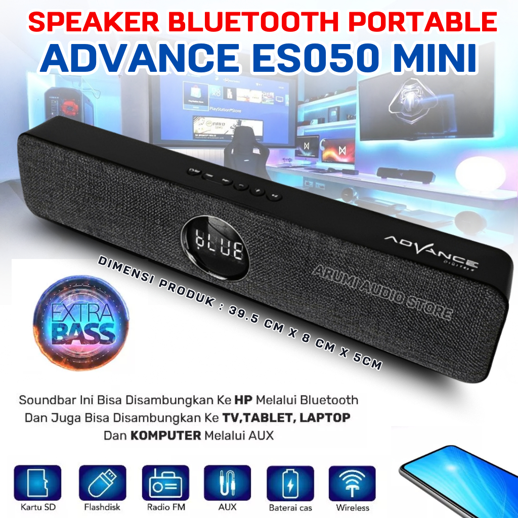 Speaker Bluetooth Advance ES050 Mini dengan USB Radio FM SD Card Bass Extra Soundbar Portable untuk 