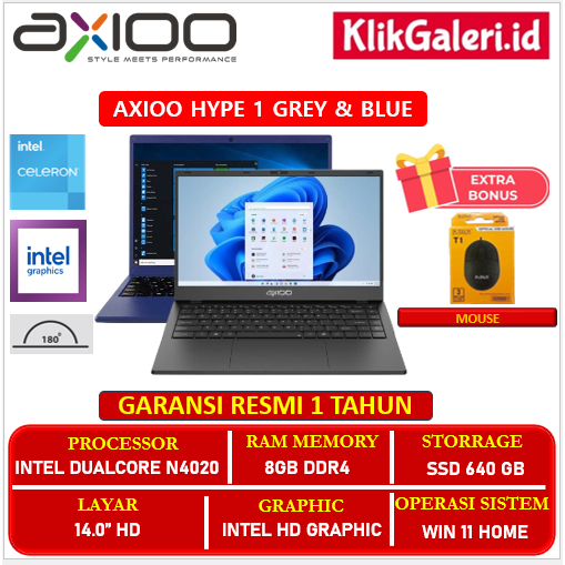 Laptop Axioo Mybook Hype 1 Intel N4020 RAM 8GB 512GB SSD Win 11 Original Resmi