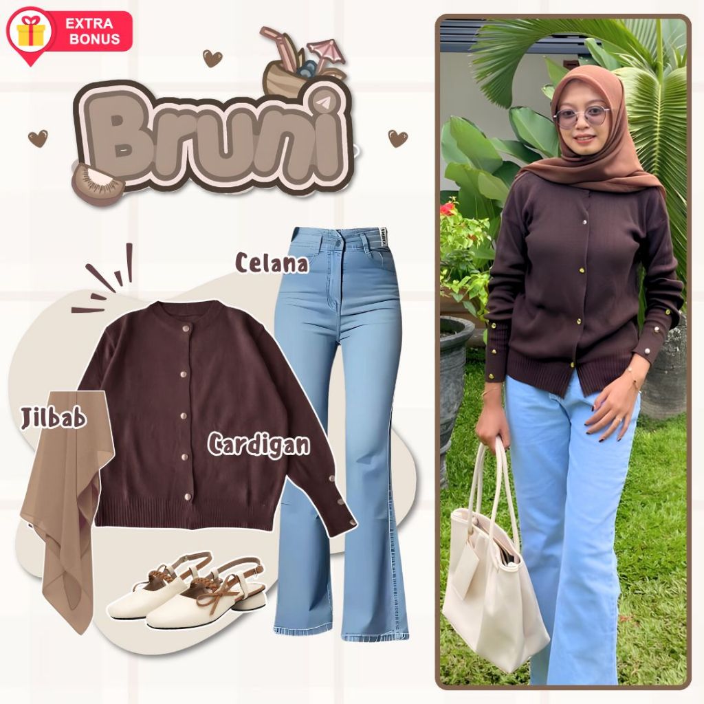 oneset 3in1 cardigan rajut + celana cutbray jeans + jilbab bella | ootd outfit cewek wanita anak per