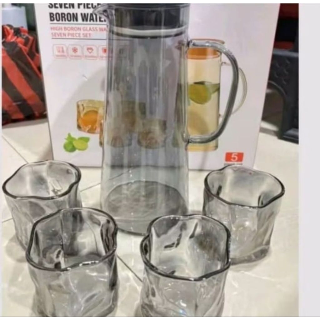 TEKO CRISTAL (1 TEKO+4 GELAS) TEKO SET KACA ELEGANT Teko Kaca Set 4 Gelas