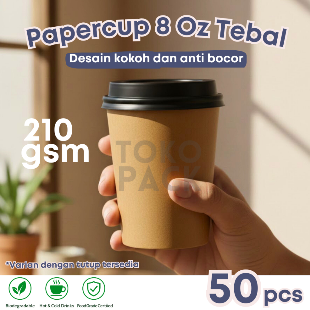 (50PCS) PAPER CUP KRAFT BROWN SJP COKLAT 8 OZ  240ML + TUTUP PAPER CUP  / GELAS KERTAS 8OZ 240ML PAP