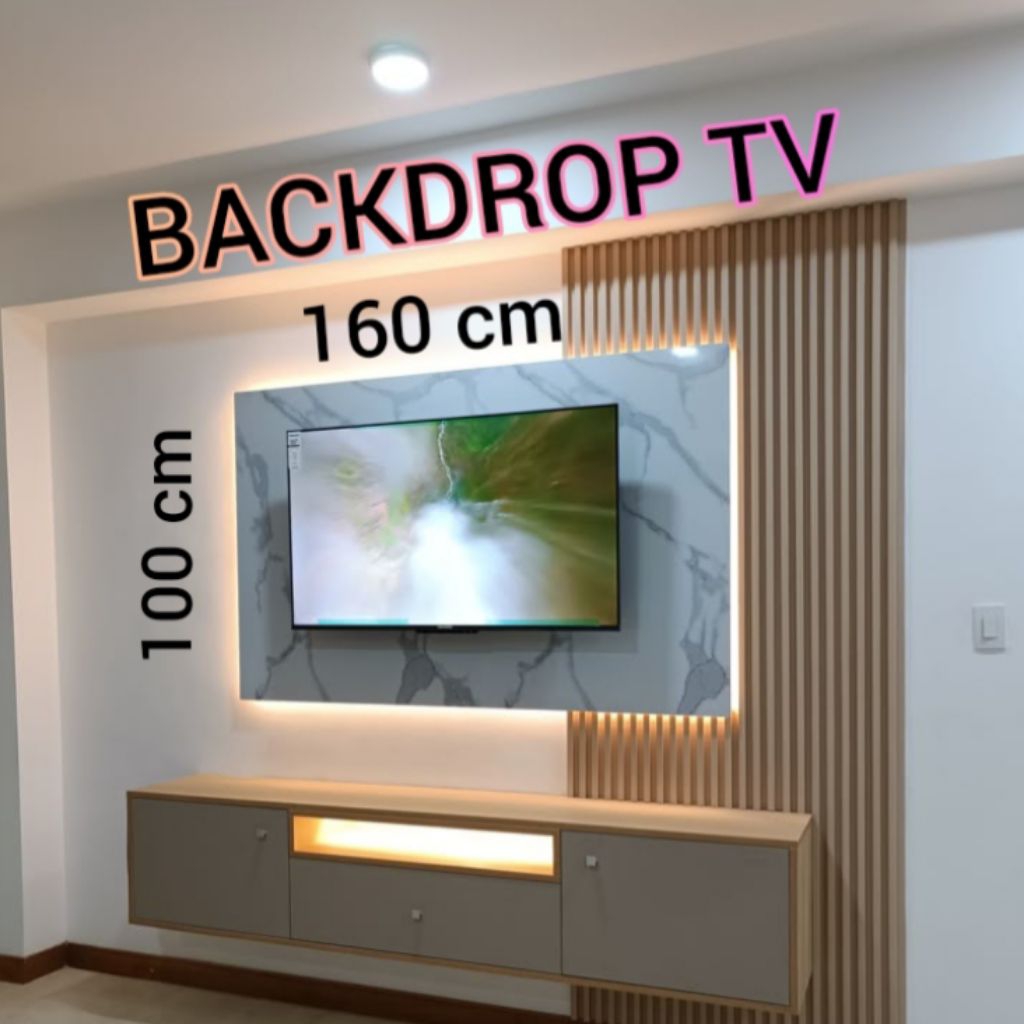 Backdrop TV Minimalis Modern Free Lampu LED | Panel Dinding TV Elegan