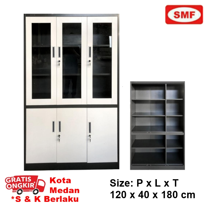 LEMARI FILING CABINET BESI 3P - LEMARI BUKU PINTU BUKA 1/2 KACA - RZ 3001 - MOTIF HITAM ABU