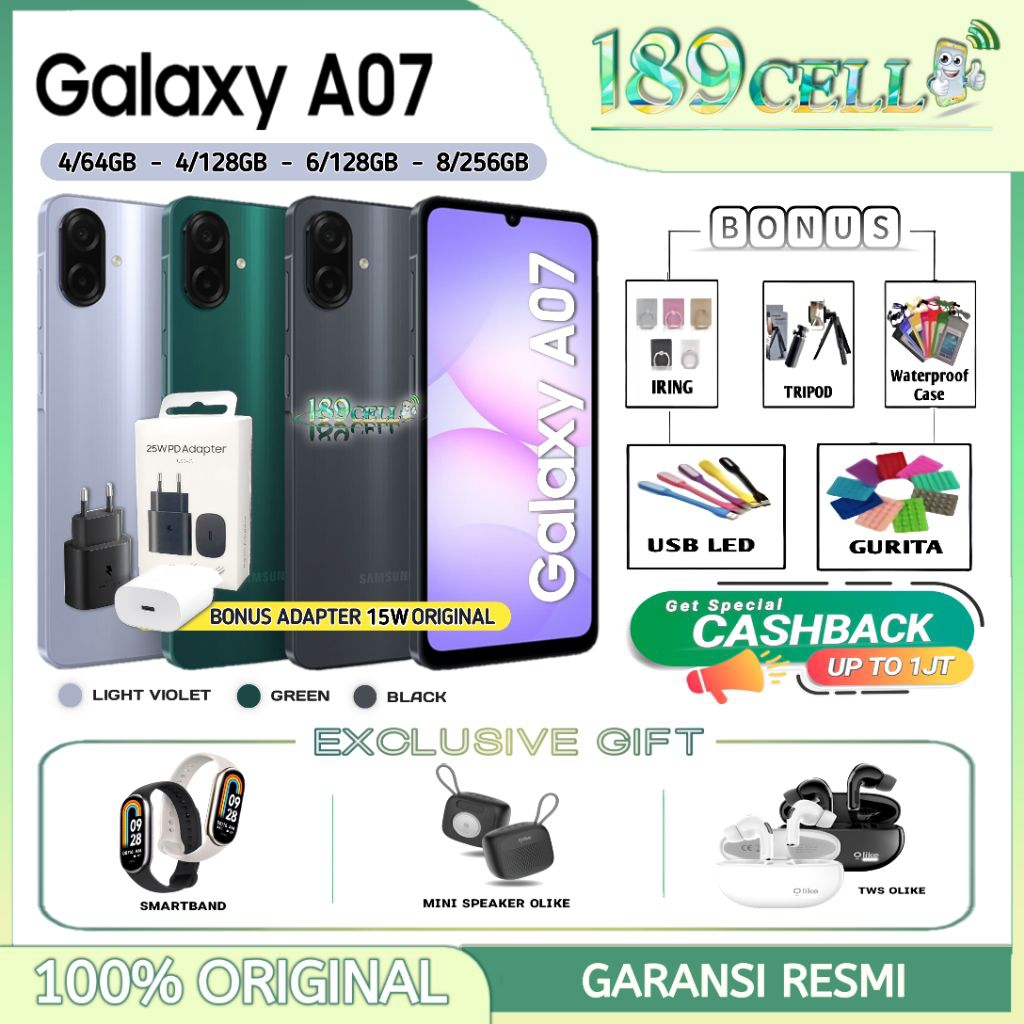 SAMSUNG GALAXY A07 [4/64GB] [4/128GB] [6/128GB] [8/256GB] - Camera 50MP, Helio G99 - GARANSI RESMI