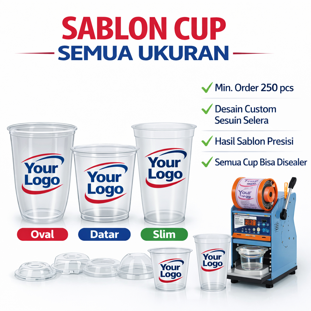 Sablon Cup Plastik Custom Logo – Minimal 250 pcs – Cup Minuman 12oz 14oz 16oz 18oz dan 22oz -Semua M