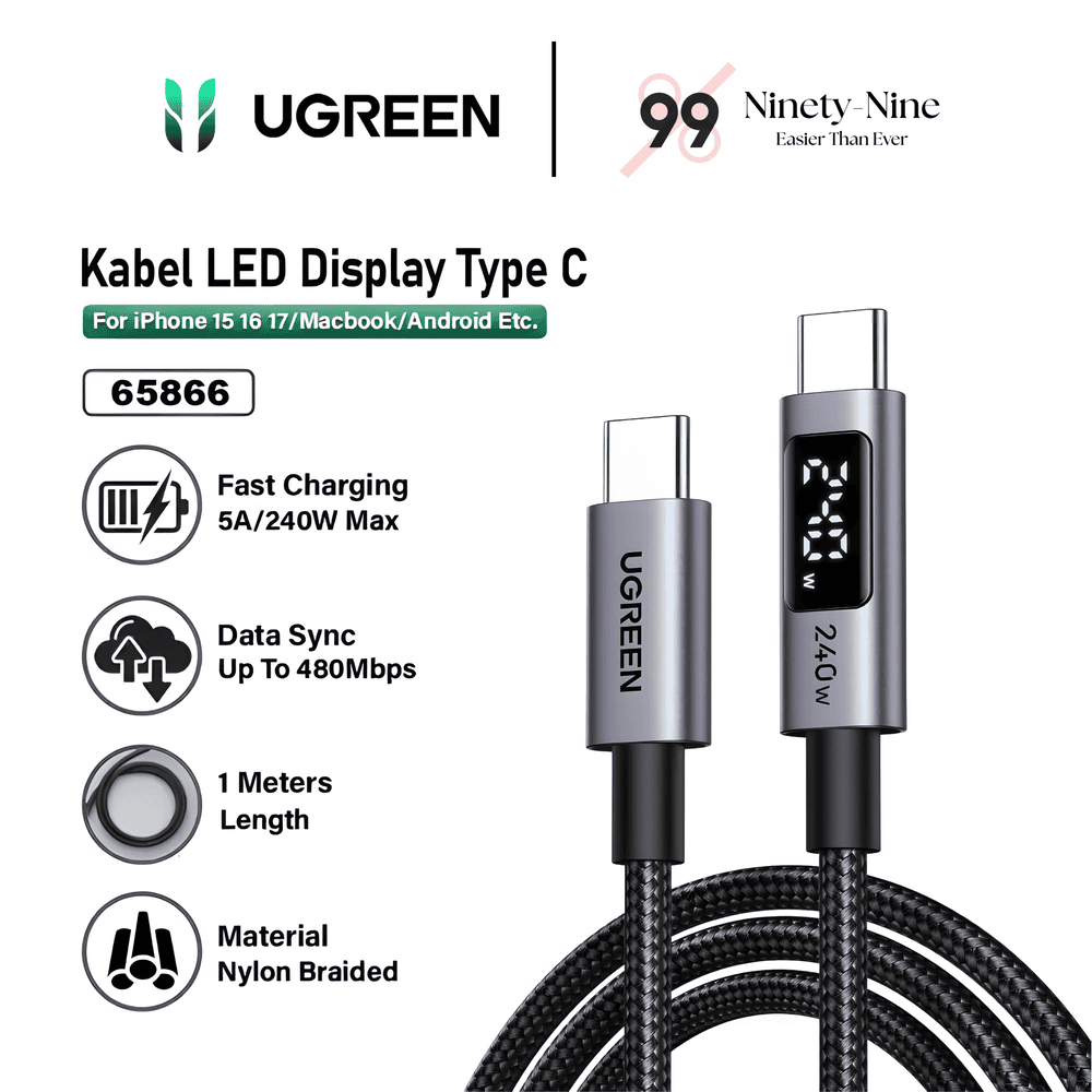 Ugreen Cable Digital Display Type C To Type C 240W Nylon 1m - Black