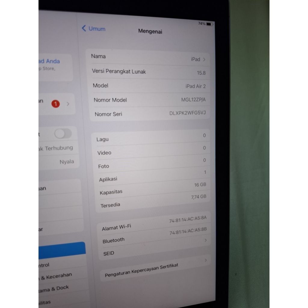 IPAD AIR 2 16GB WIFI ONLY MULUS NORMAL