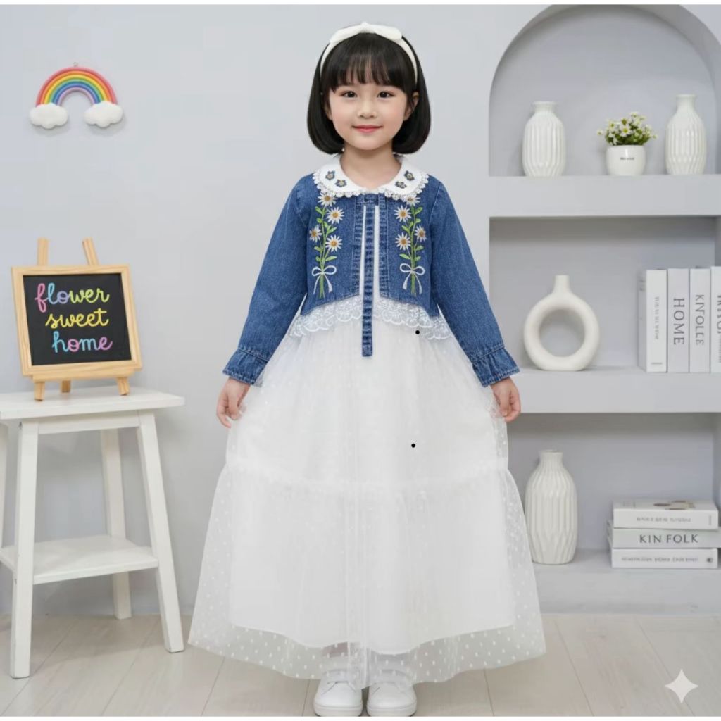 Gamis  jeans Levis anak perempuan model terbaru 2025 free belt usia 3 - 10 tahun baju muslim anak pe