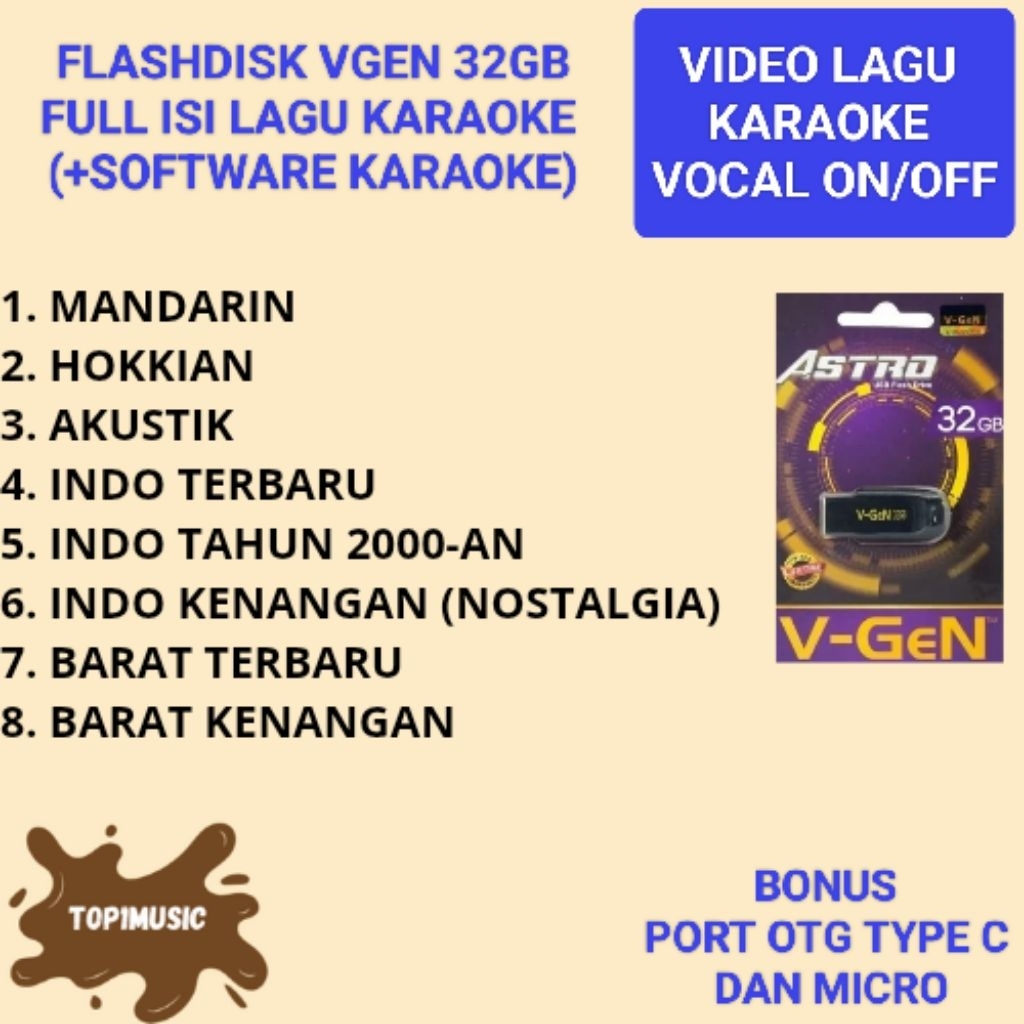 flashdisk vgen 32GB isi lagu karaoke player mandarin