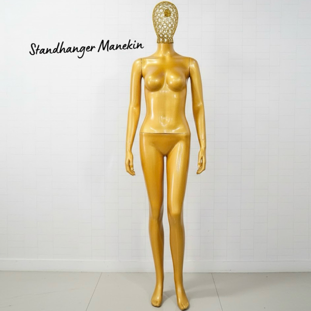 Manekin Full Body Gold Kepala Besi Premium | Full Body Wanita Emas Fiberglass Model Kepala Besi | Ma