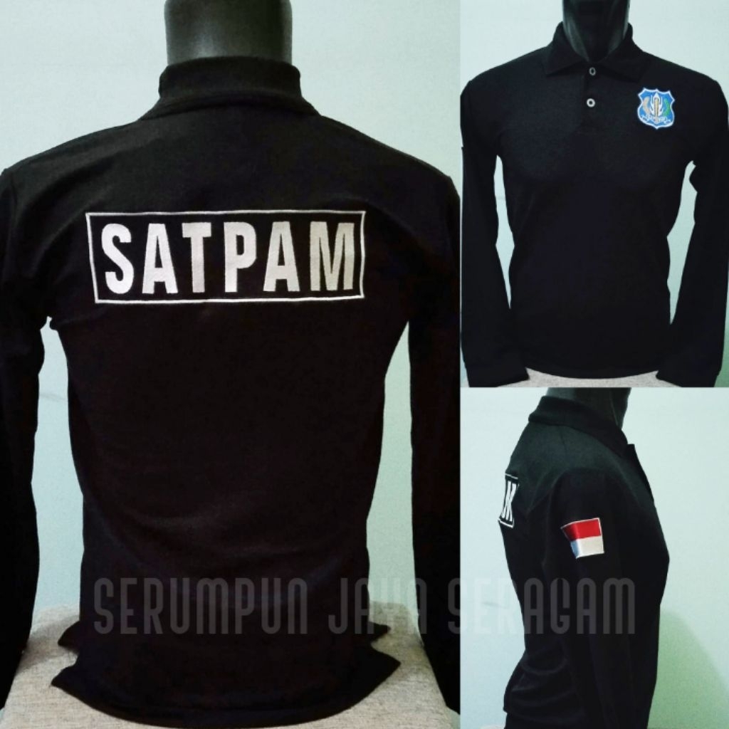 KAOS SATPAM HITAM LOGO BIRU LENGAN PANJANG FULL BORDIR - KAOS KERAH SATPAM LOGO BIRU BORDIR - KAOS S