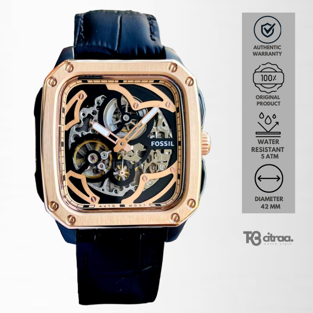 Jam Tangan Fossil Inscription Automatic Pria Kulit Black Sporty Casual Original BQ2572