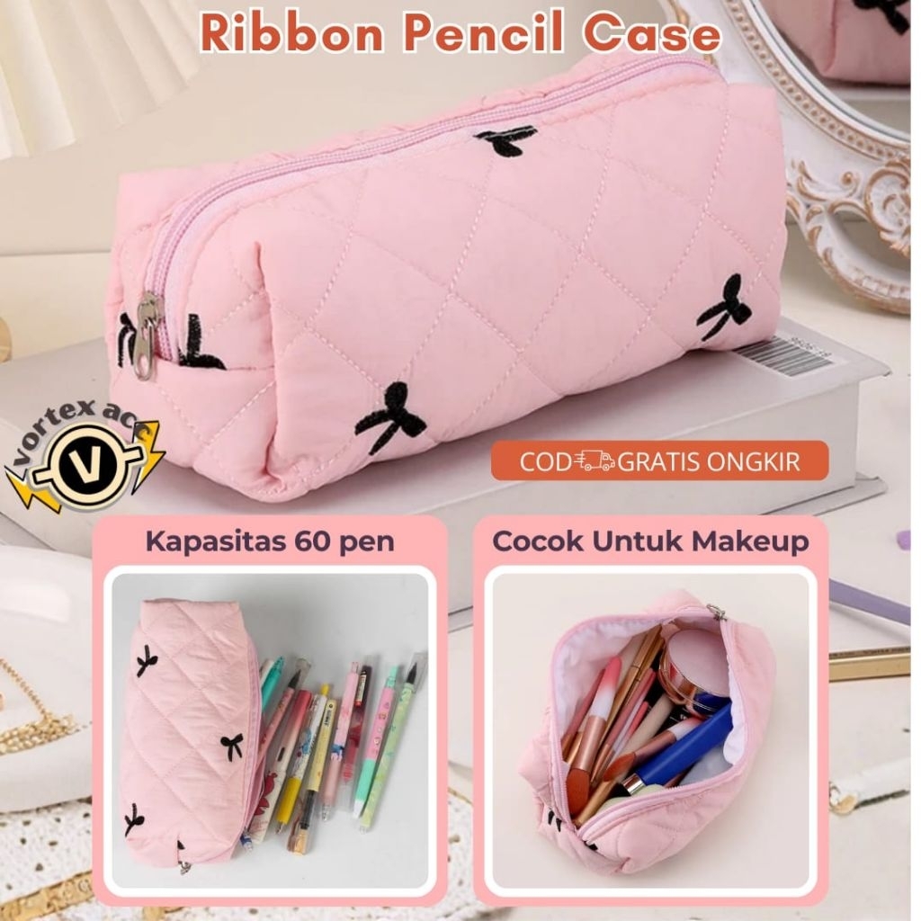 Kotak Pensil Ribbon Pita Aesthetic Tempat Pensil Sekolah Kapasitas Besar Muat Banyak Bahan Premium