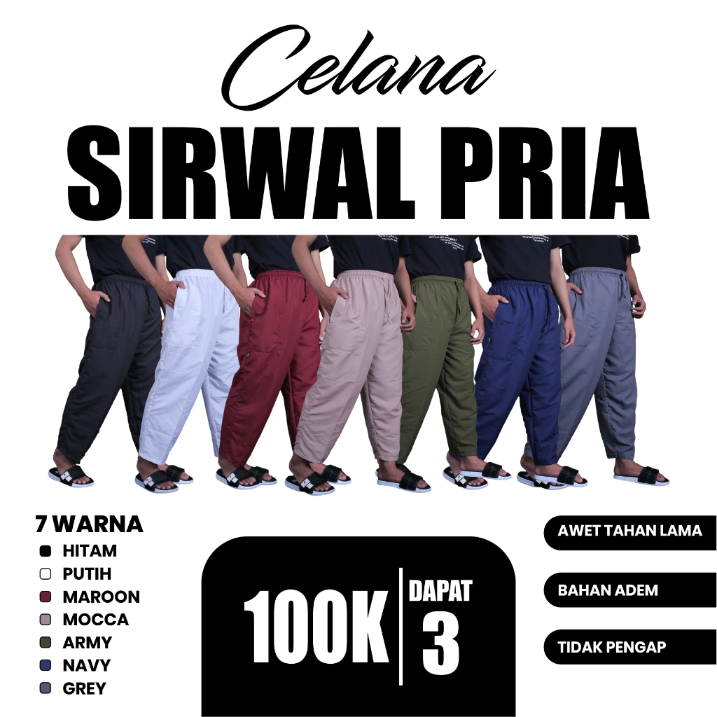 100 DAPAT 3PCS Celana Panjang Pria Sirwal Komprang Pangsi Muslim Casual Dewasa Remaja Polos Kantong