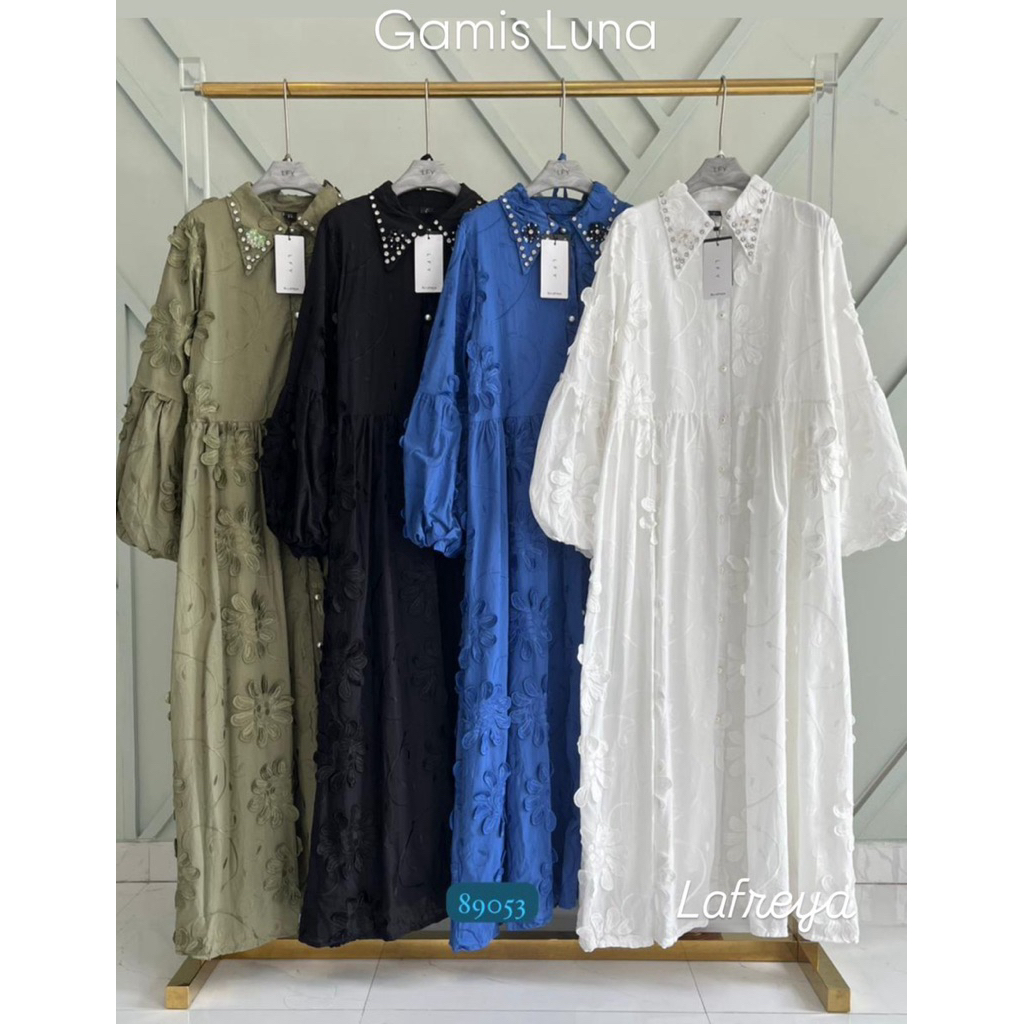 gamis luna, gamis lfy, gamis bangkok, gamis putih, white maxi, dress katun bordir, gamis eyelet, gam