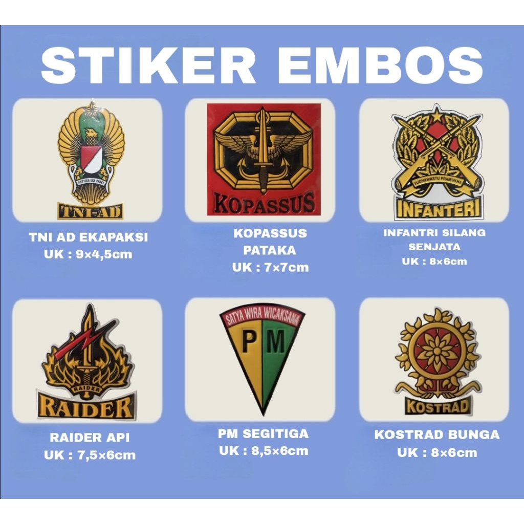 STIKER EMBOS LOGO TNI AD,KOPASSUS,INFANTRI,RAIDER,POLISI MILITER,KOSTRAD