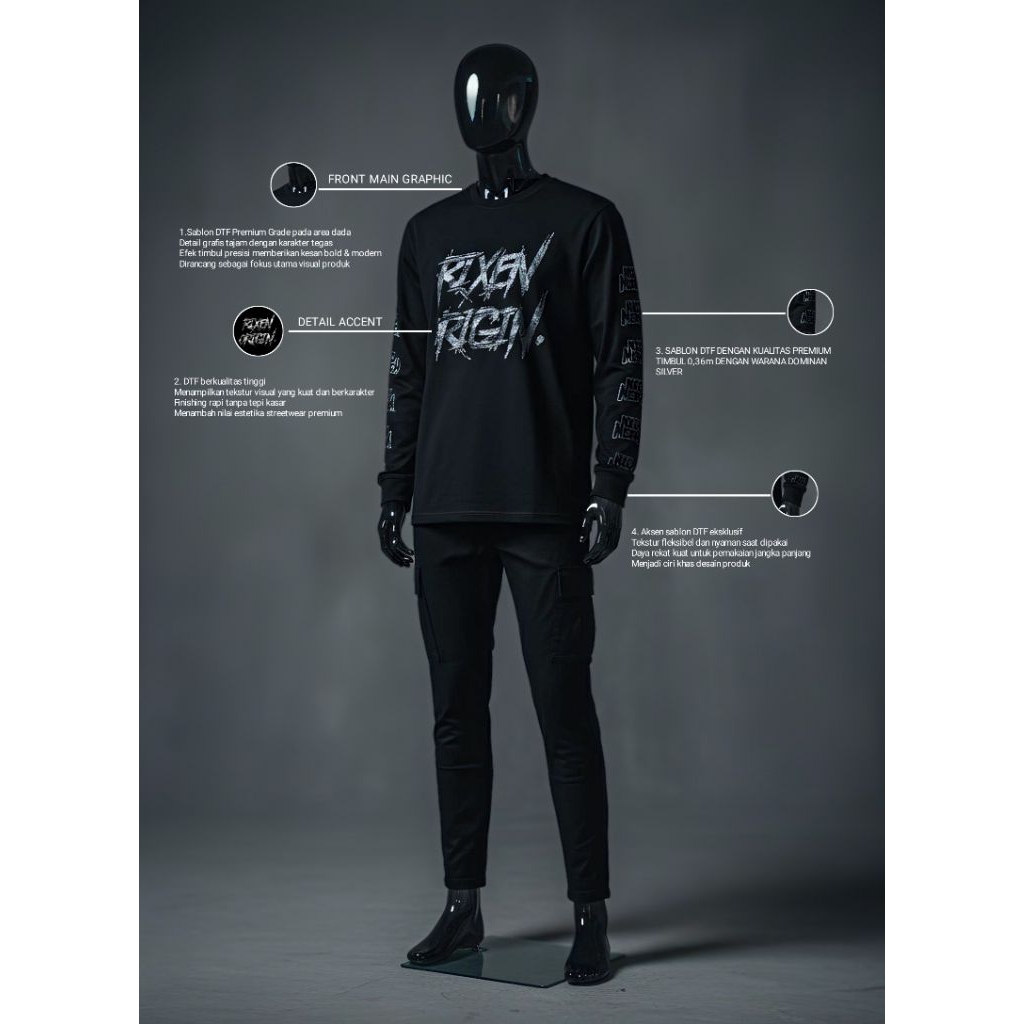 RIXEN – Kaos Lengan Panjang Streetwear Pria DTF Premium Silver Print