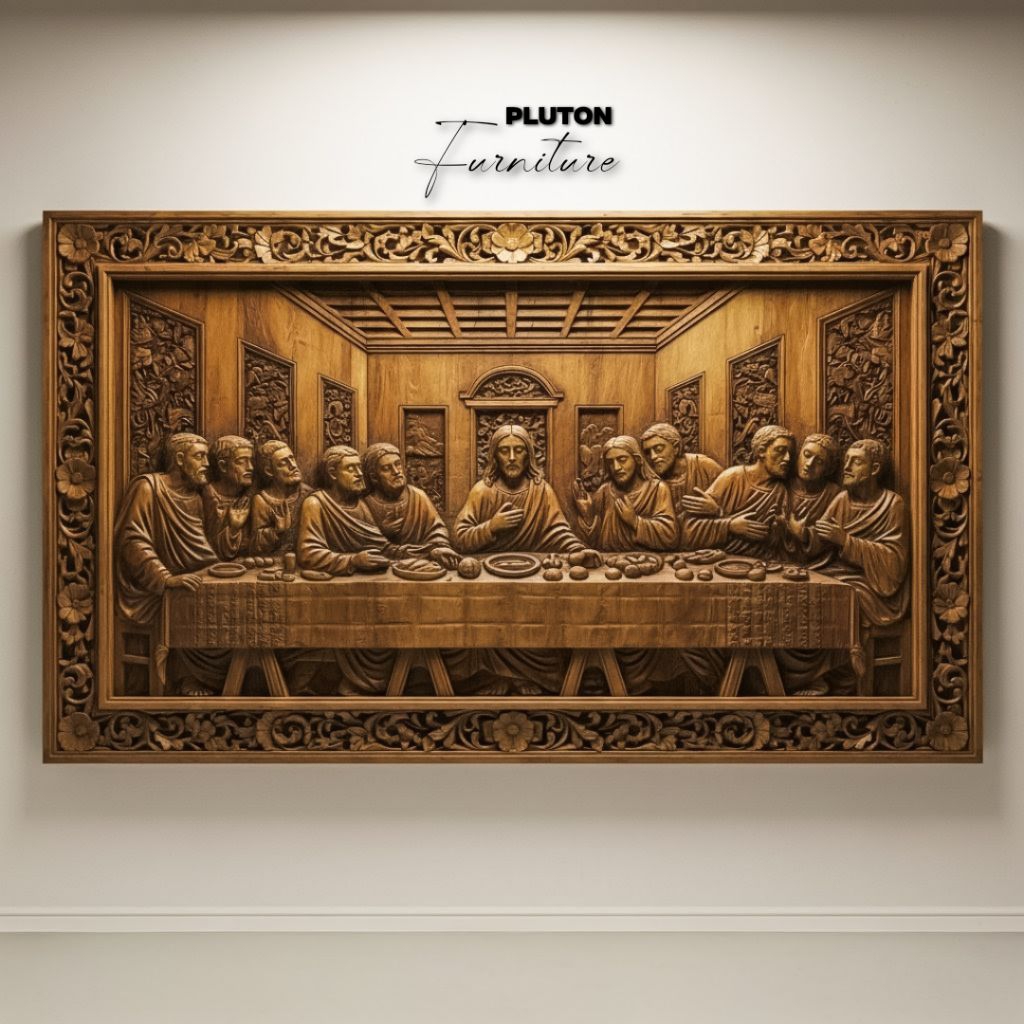 Hiasan Dinding Relief Ukiran Perjamuan Kudus Bahan kayu jati premium