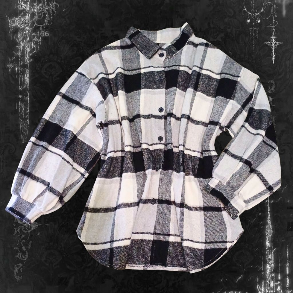 flannel classic plaid shirt black white gray kemeja unisex outer academia office y2k style